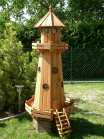 Leuchtturm beleuchtet in Teak-Natur 180 cm hoch Gartendeko