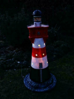 Deko-Leuchtturm Roter Sand in Rot-Weiss beleuchtet im Lampenhaus und im Turm