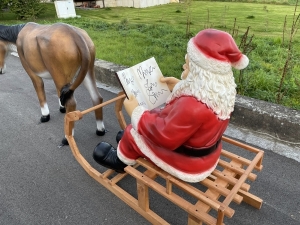 Samichlaus mit Esel und Holzschlitten in Rueckansicht.