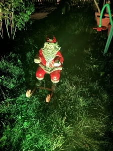 Weihnachtsmann Schlitten als Outdoor-Weihnachtsdeko gruen beleuchtet.